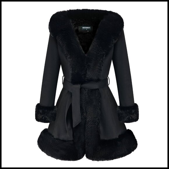Jackets & Blazers - Faux Fur Collar Suede Jacket Belted Parka Coat Winter Outerwear Long Sleeve